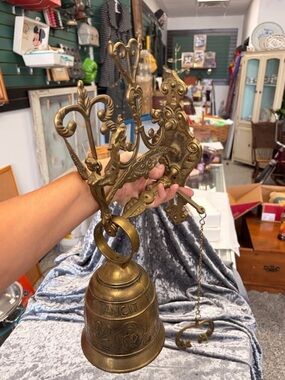Ornate Brass Wall Bell in Antique Gold - Decorative Home Accent